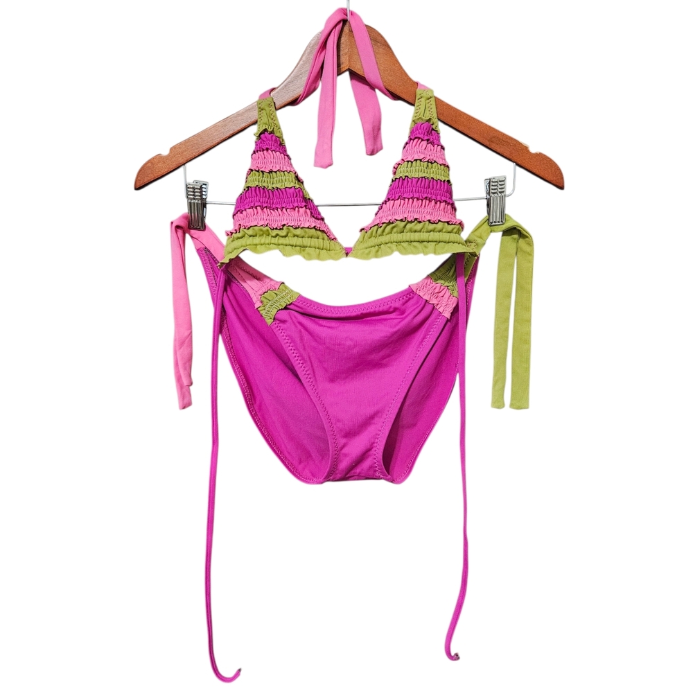 BECCA triangle bikini L pink green EUC Rebecca V string coquette girl ruffles